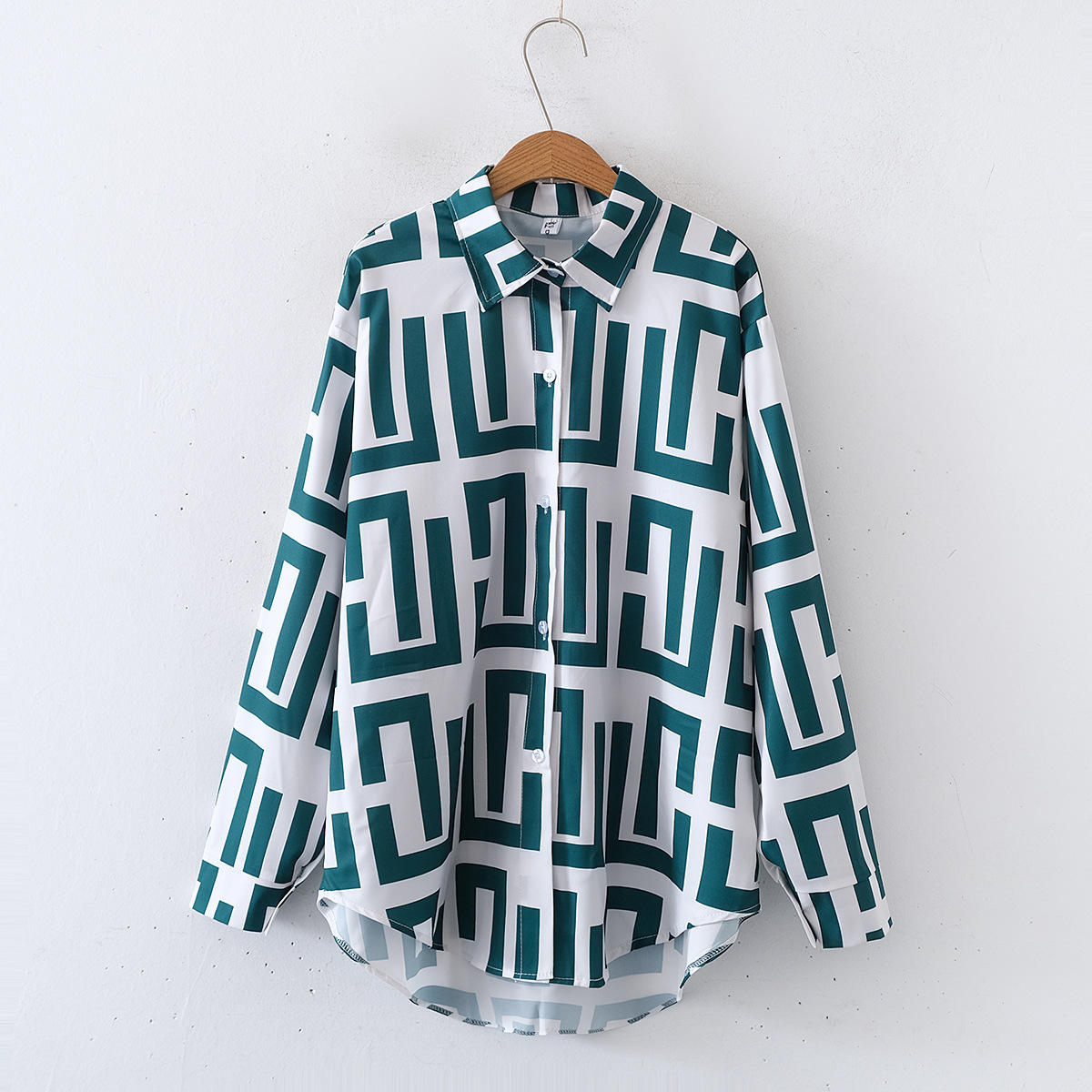 Elegant geometric printed long sleeved shirts For Women Fashion Suit Collar Button Front Blouse