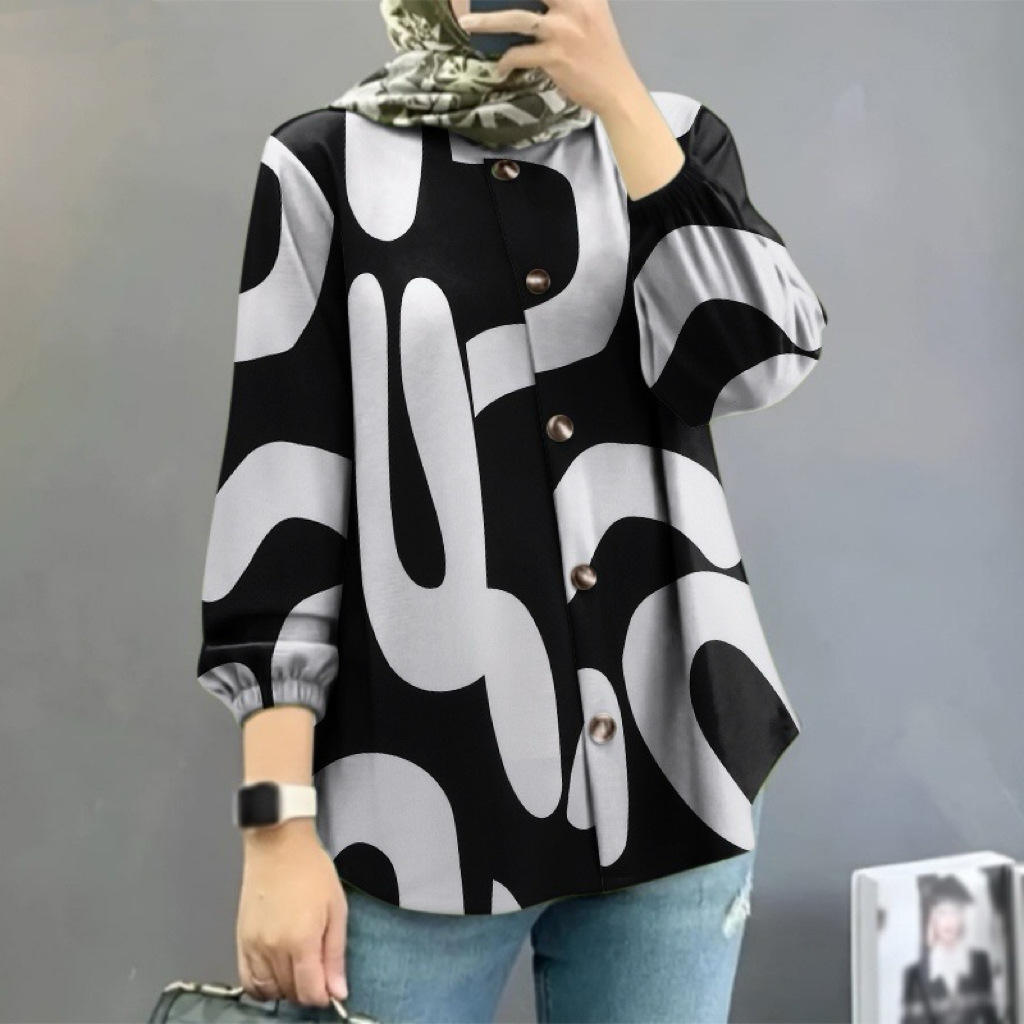 Elegant Casual Abstract Print Shirt for Women Turn-down Collar long Sleeve Loose Slimming Versatile Blouse