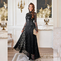 Black Lace Mermaid Elegant Evening Dress for Women High Neck Long Sleeve Sequins Party Dresses Prom Gowns Wedding