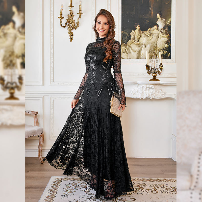 Black Lace Mermaid Elegant Evening Dress for Women High Neck Long Sleeve Sequins Party Dresses Prom Gowns Wedding