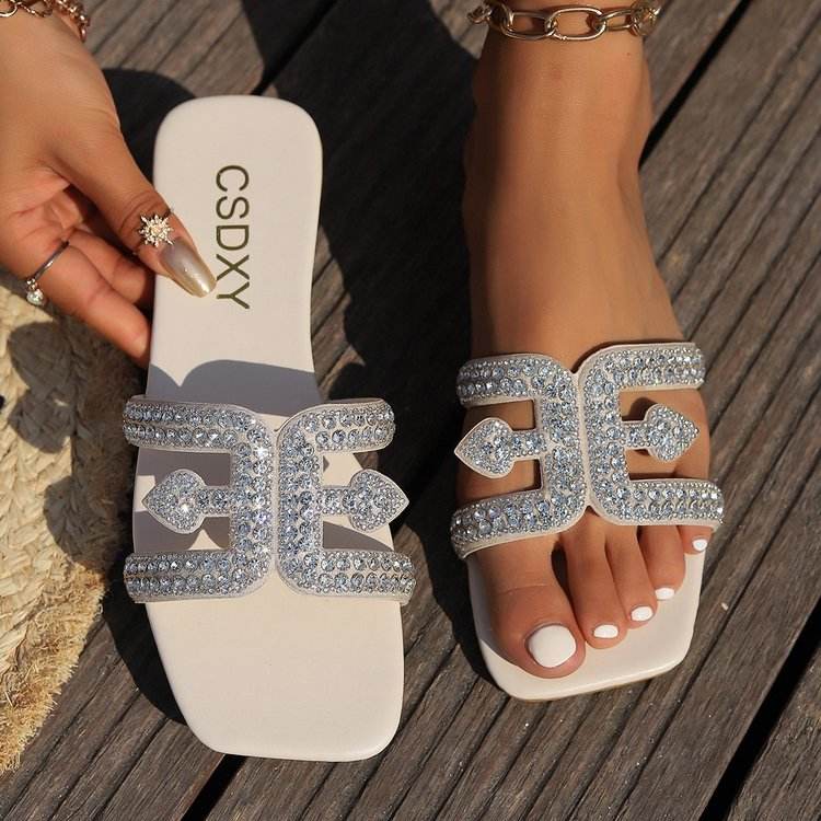 Women Luxury Bling Rhinestone Decor Slide Sandals Summer Fashion Casual Outdoor Office Party Elegant Sexy Flats - Natalia Home Fashion