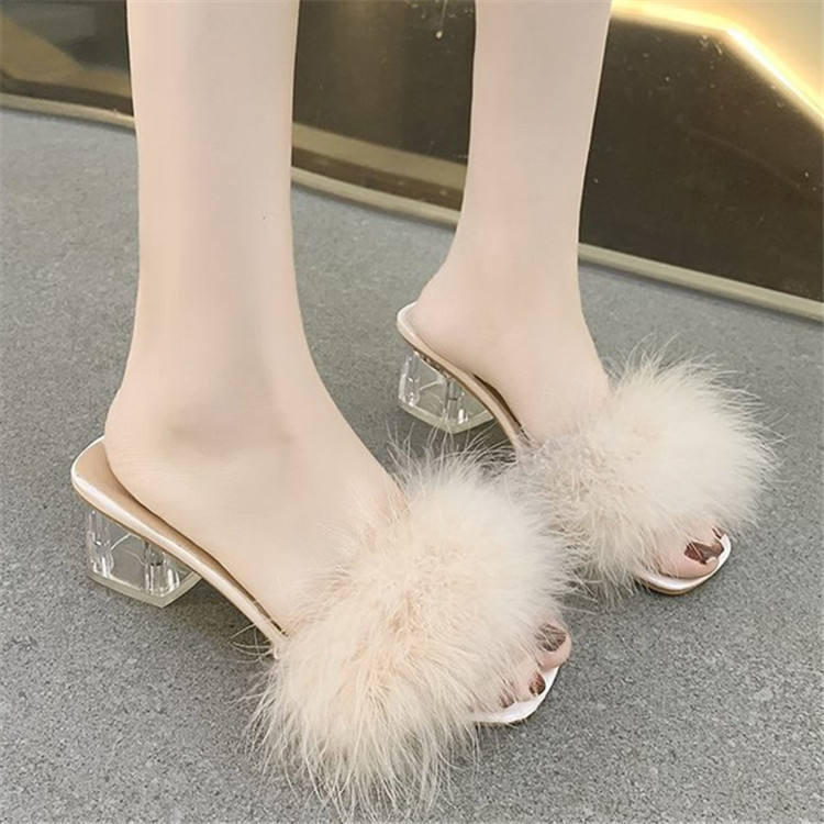 Fluffy Peep Toe Sexy High Heels Women Shoes Fur Feather Lady Fashion Wedding Slip-On Square Toe Women Sandals Natalia Home Fashion    Natalia Home Fashion