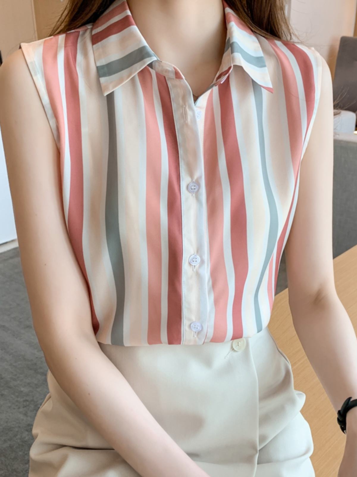 Stripe Women Blouse Casual Shirts Summer Female Clothing Sleeveless  Elegant and Youth Woman Blouses Basic Shirts and Blouses
