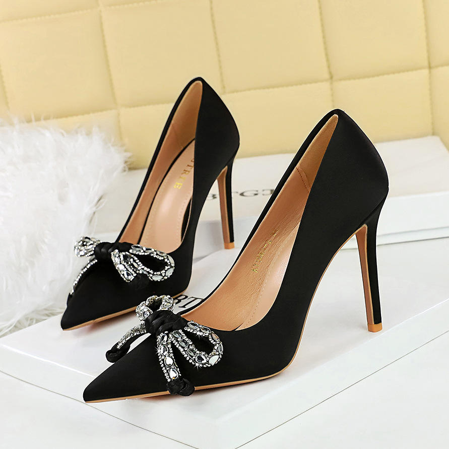 Bowknot Rhinestone Women Pumps silks satins High Heels Stiletto 10.5 cm Luxury banquet shoes Women - Natalia Home Fashion