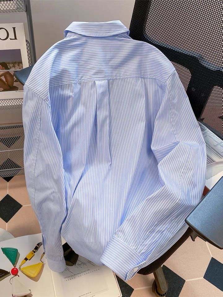 Blue Long Sleeved Striped Shirts for Women Polo Neck Cool and Elegant Women's Shirts