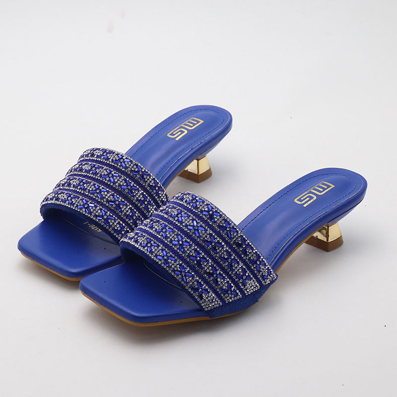 Low Heel Slippers Elegant Lady Square Toe Sandals Luxury Rhinestone High Heels Mules  Slip-on Women Shoes - Natalia Home Fashion