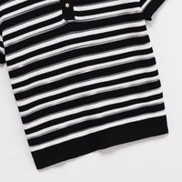 Women's Casual Button Top French Retro Turn-down Collar Striped Knitted Short-sleeved Sweater Top Natalia Home Fashion    Natalia Home Fashion