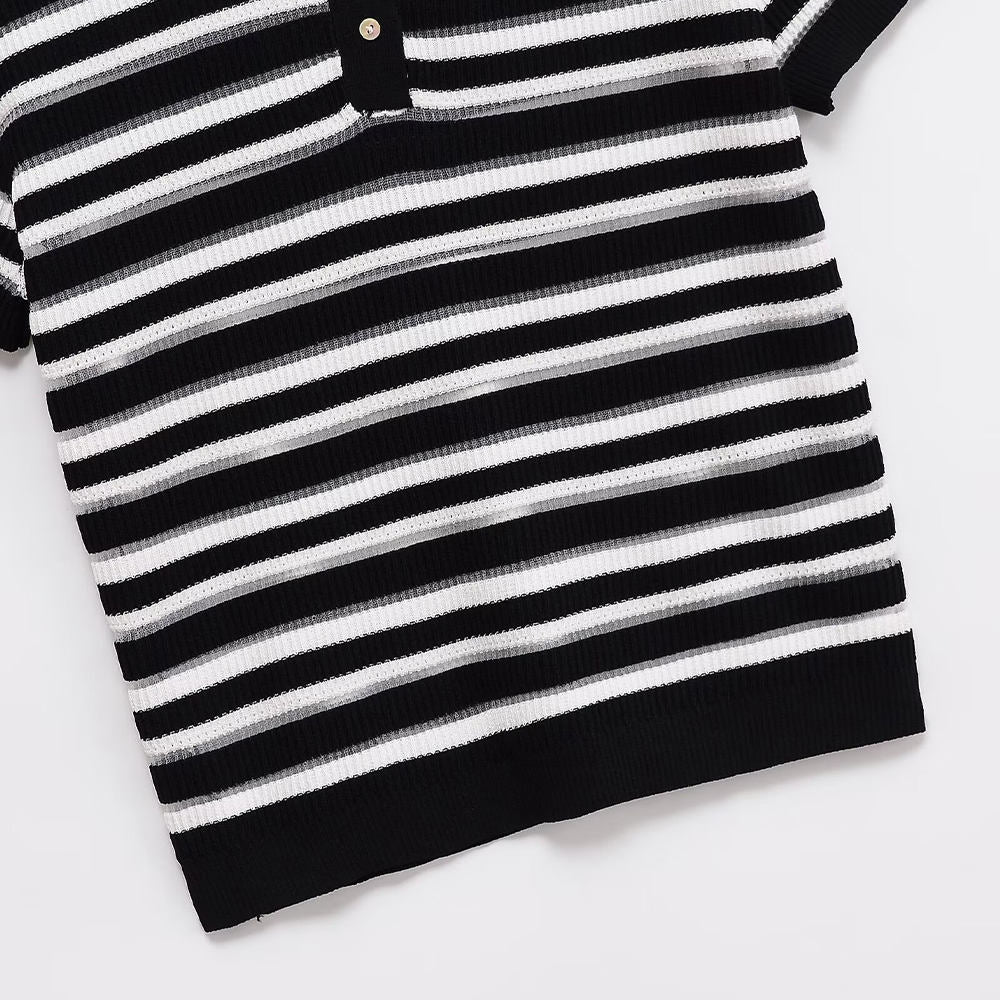 Women's Casual Button Top French Retro Turn-down Collar Striped Knitted Short-sleeved Sweater Top Natalia Home Fashion    Natalia Home Fashion