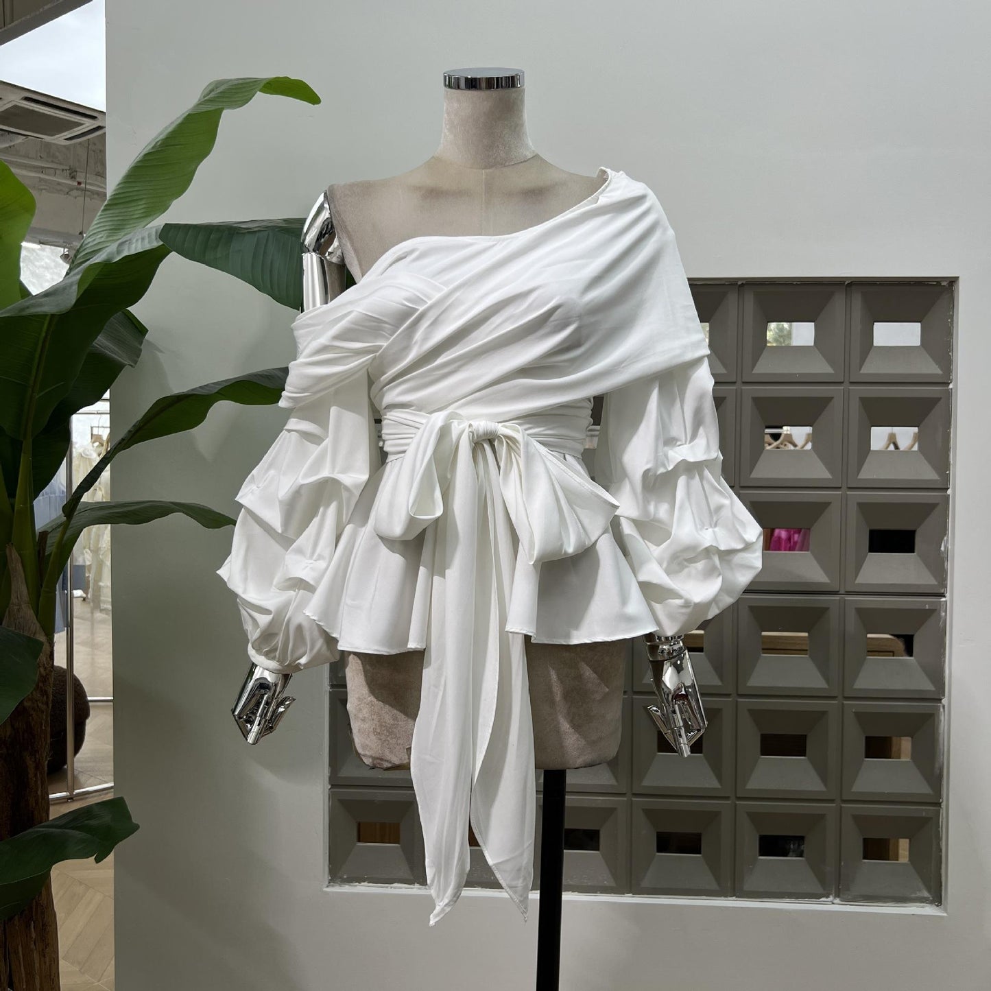 Women's Asymmetric Off-Shoulder Crop-Top Irregular Bow-Waist Puff-Sleeve Party Evening Top