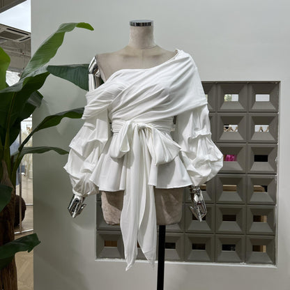Women's Asymmetric Off-Shoulder Crop-Top Irregular Bow-Waist Puff-Sleeve Party Evening Top