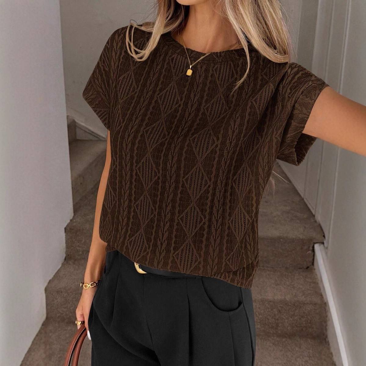 Women's Casual Round Neck Jacquard Short Sleeve Top T-shirt Leisure Commute Women Clothing
