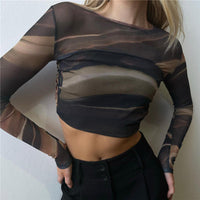 Printing T shirt Long Sleeve Crop Top Women Summer Clothing Tie Back  Backless  Slim Fit Rope Natalia Home Fashion    Natalia Home Fashion