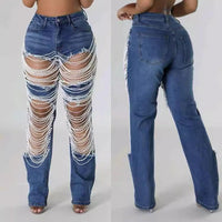 Heavy Duty Denim Jeans Women's High Waist High Elasticity Hole Punching Beading Long Pants Trendy Spicy Girl Style