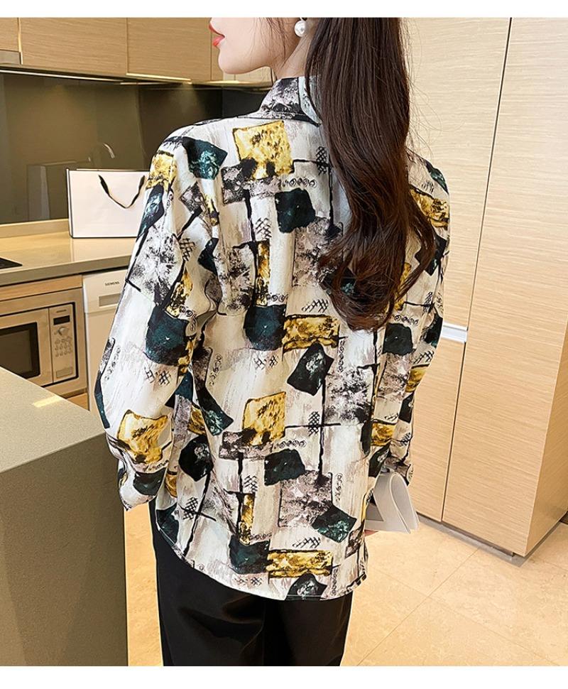 Print Lady Blouse Buttons Long Sleeve Sateen Shirt Elegant Fashion All-match Blouse Top Women