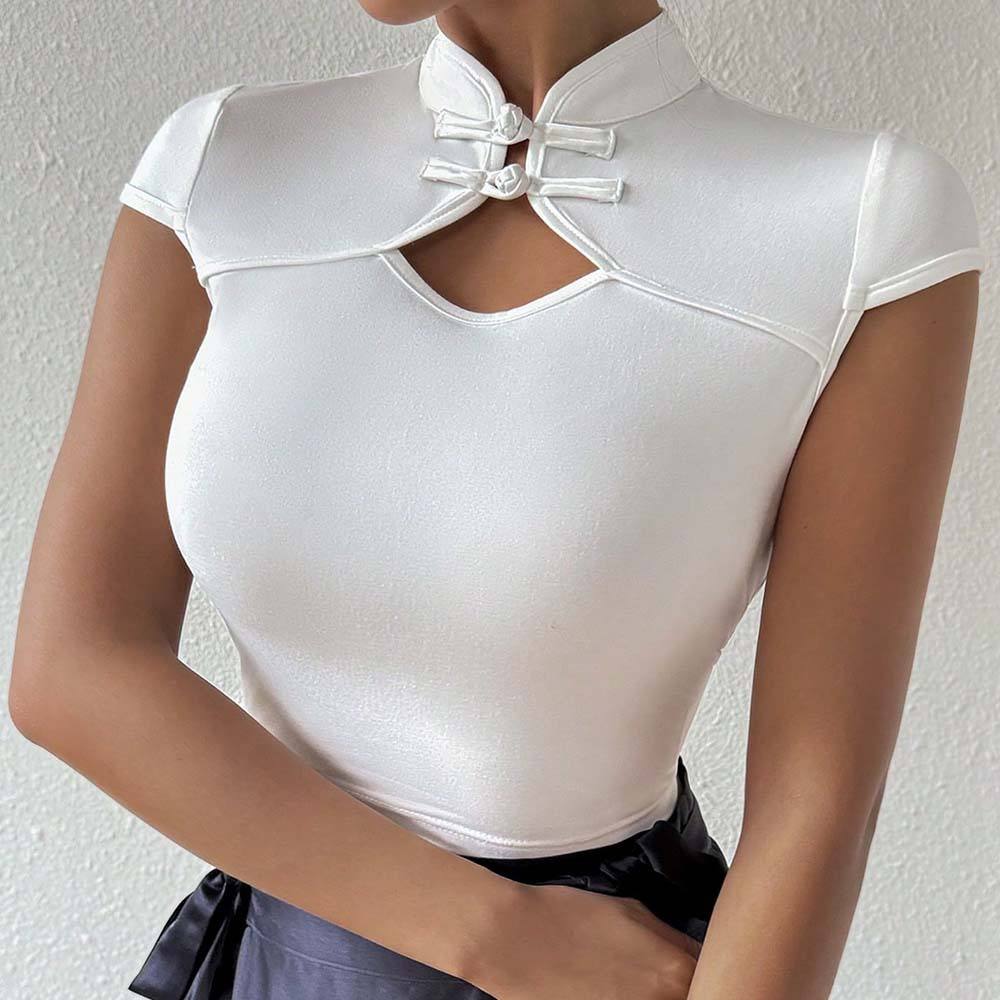Elegant Mandarin Collar Short Sleeves Tee Chinese Style Knot Button Hollow Out Front T-Shirt  Party Street Summer Clothes Top Natalia Home Fashion    Natalia Home Fashion