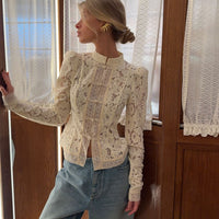 Vintage Blouse, Elegant Embroidery Puff Sleeve Hollow Out Lace Stand Collar Semi Formal Summer Top Natalia Home Fashion    Natalia Home Fashion