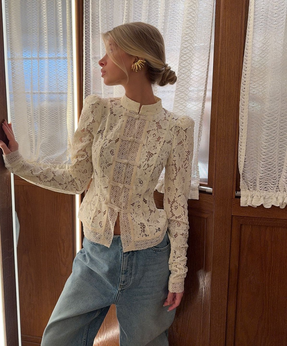 Vintage Blouse, Elegant Embroidery Puff Sleeve Hollow Out Lace Stand Collar Semi Formal Summer Top Natalia Home Fashion    Natalia Home Fashion