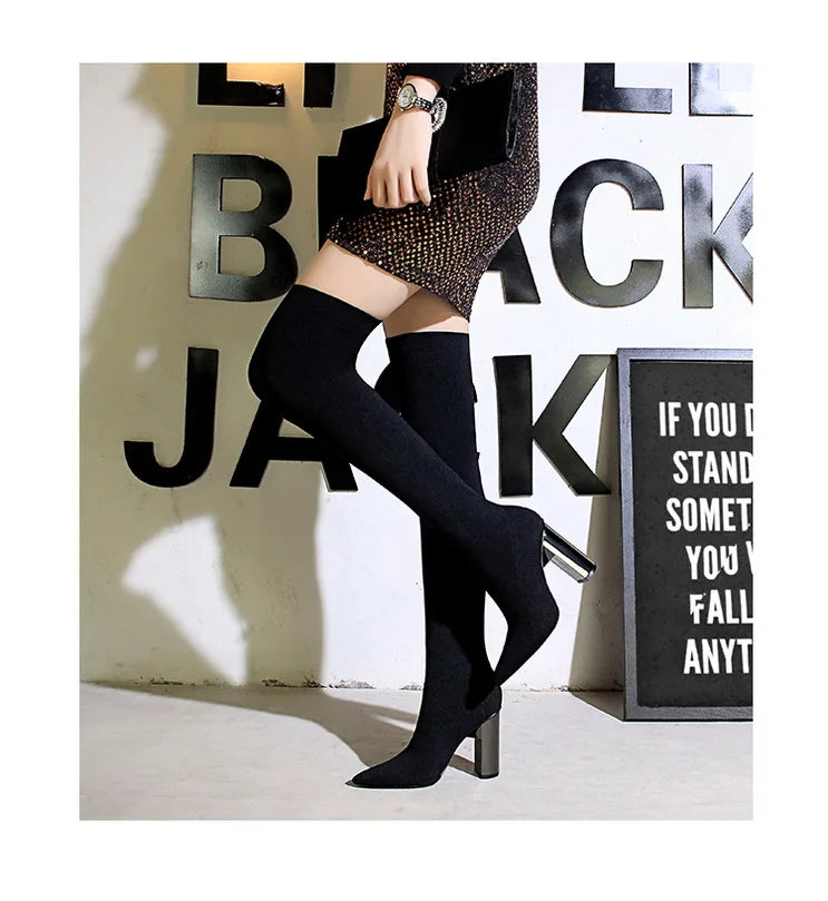 Sexy Slim Over-the-Knee High Heel Knee High Boots Women Long Boots Metal Heel Shoes