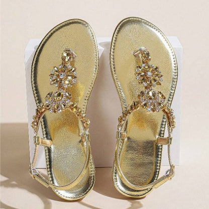 Ladies Rhinestones Sandals Summer Beach Slippers for Women Clip Toe Chain Sandals Shiny Crystal Fashion Casual Flat Bottom Shoes