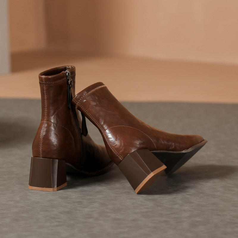 Woman Sheepskin Leather Shoes Spring Autumn Ankle Boots side Zip French Style Thick Heel Women's Short Boots