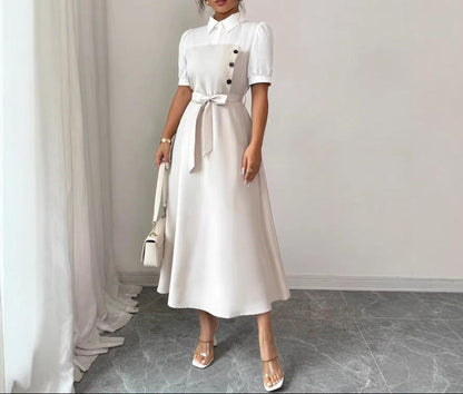 Women's Elegant Turn-down Collar Puff Sleeve Lace-up High Waist Spliced False Two-piece A-line Midi Dress for Office Daily casual Wear Natalia Home Fashion    Natalia Home Fashion