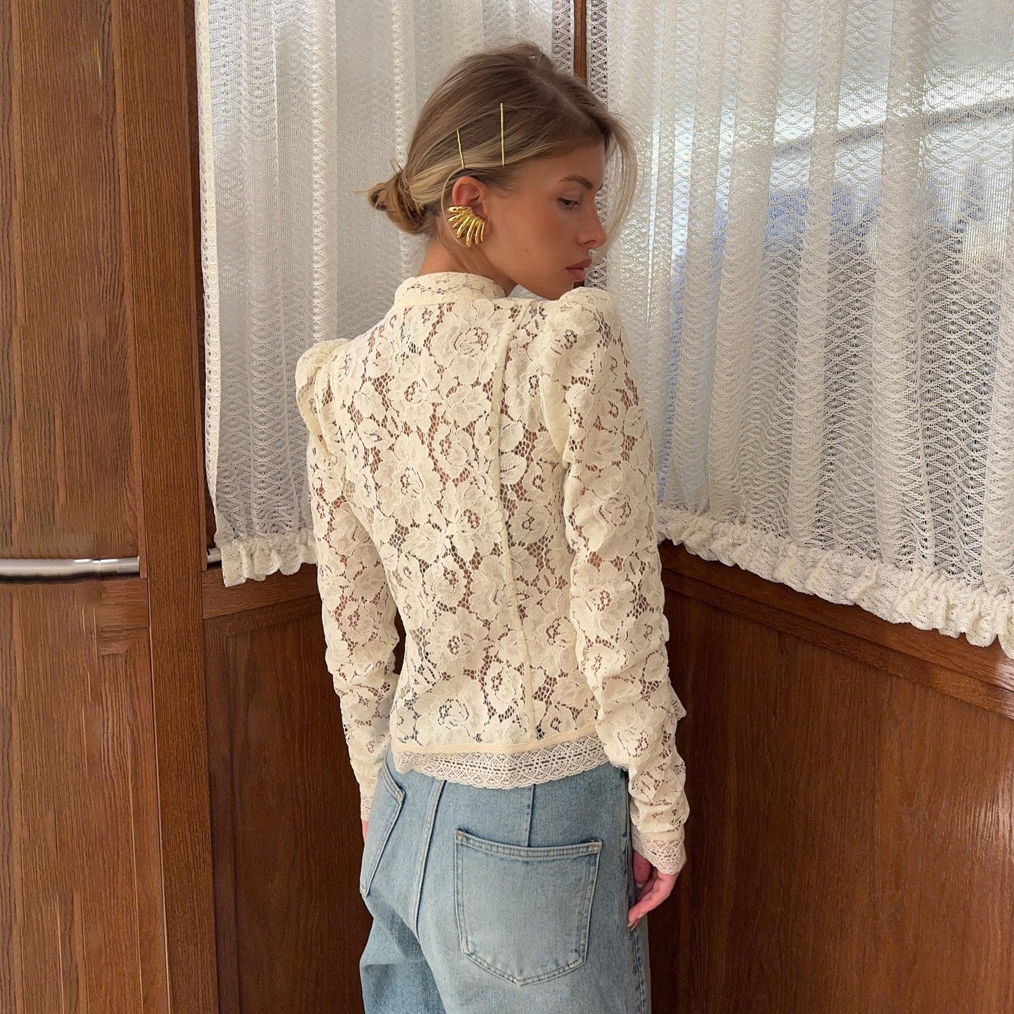 Vintage Blouse, Elegant Embroidery Puff Sleeve Hollow Out Lace Stand Collar Semi Formal Summer Top Natalia Home Fashion    Natalia Home Fashion