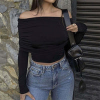 Sexy Shoulder Bared Long Sleeve Slim Fit Outwear Asymmetric Belly Bared Pleated T-Shirt Style Short New Arrival Acetate Fabric