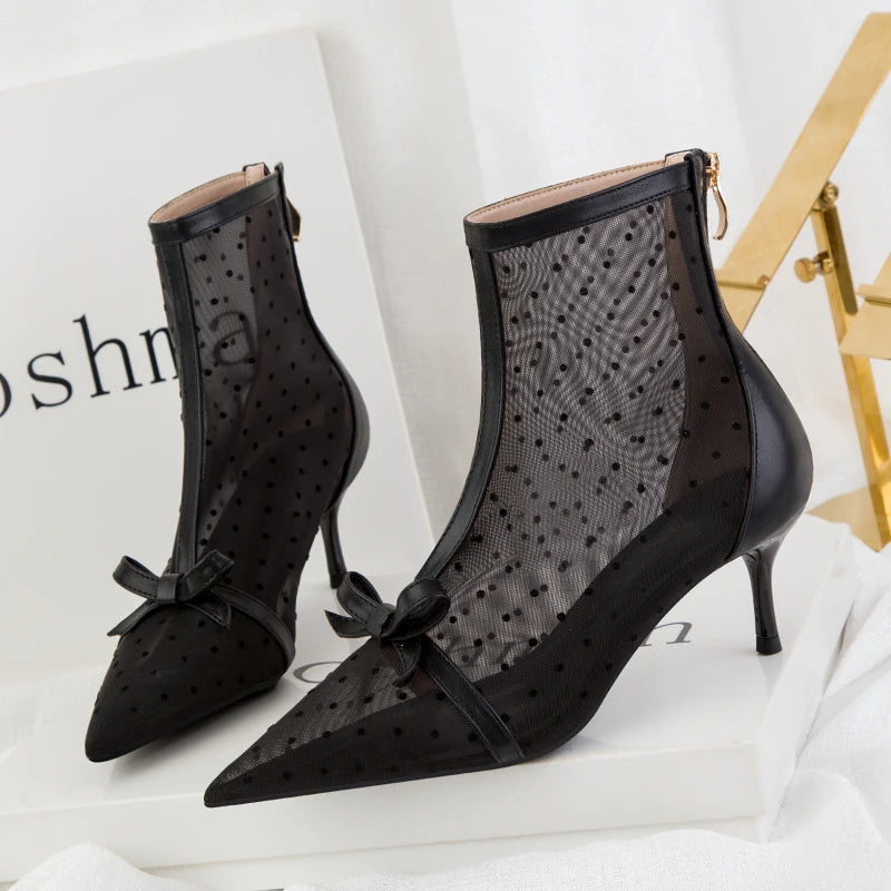 Fashion Women Ankle Boots Pointed Toe Short Pointed Toe Bow Design Thin Low Heels Back Zipper Fashion Boots Air Mesh Boots