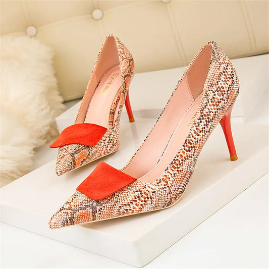 Sexy Snake Pattern Women Shoes Shallow Female High Heels Shoes Pointed Dress Nightclub  Shoes Woman