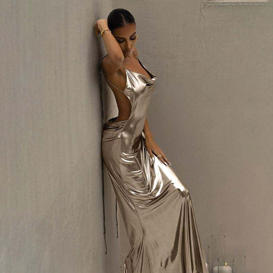 Women's Camisole Dress Low-cut Sexy Off Shoulder Backless Pleated Hip Wrap Long Dress Sexy Party Summer Fashion