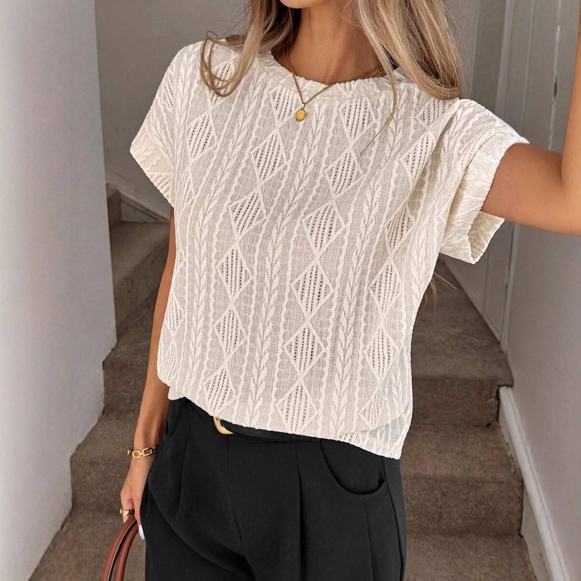 Women's Casual Round Neck Jacquard Short Sleeve Top T-shirt Leisure Commute Women Clothing