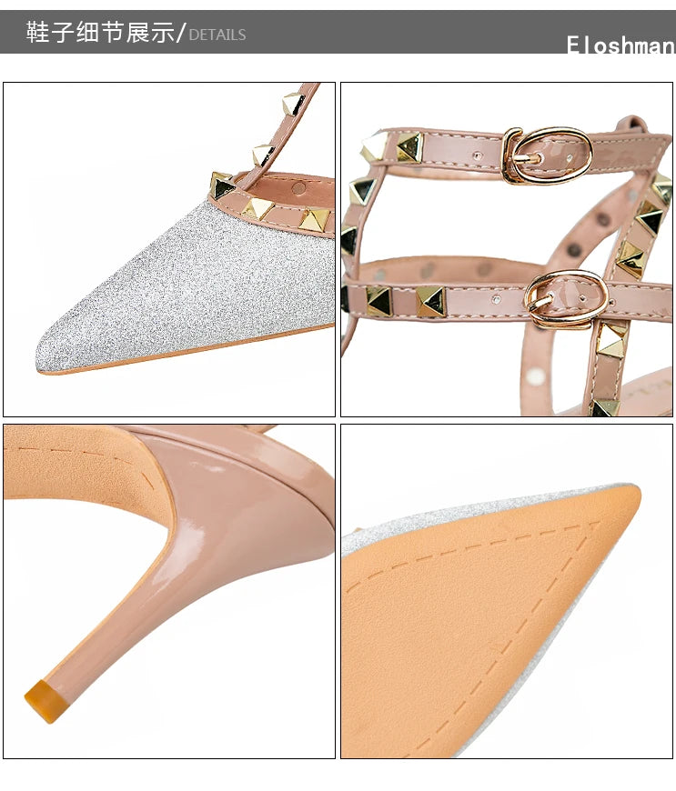 PUMPS High-heeled Shoes Female Pointed Stiletto Sexy Nightclub Word With Rivets Wild Sandals Female Summer