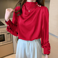 Stylish Long Sleeve Women Satin Blouses Elegant Loose O-neck Buttons Ladies Pullovers Shirts Tops Natalia Home Fashion    Natalia Home Fashion
