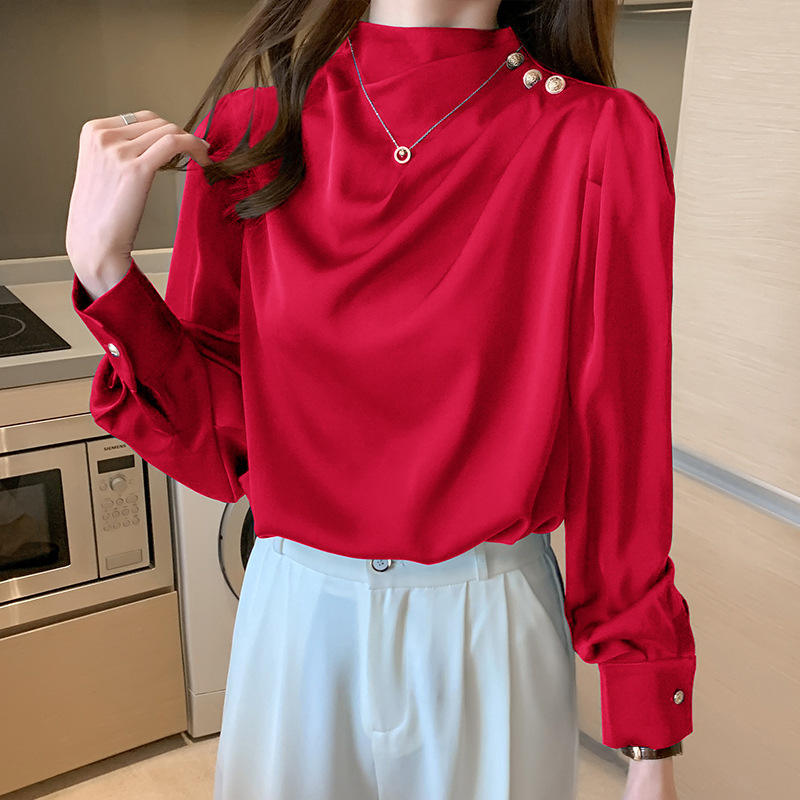 Stylish Long Sleeve Women Satin Blouses Elegant Loose O-neck Buttons Ladies Pullovers Shirts Tops Natalia Home Fashion    Natalia Home Fashion