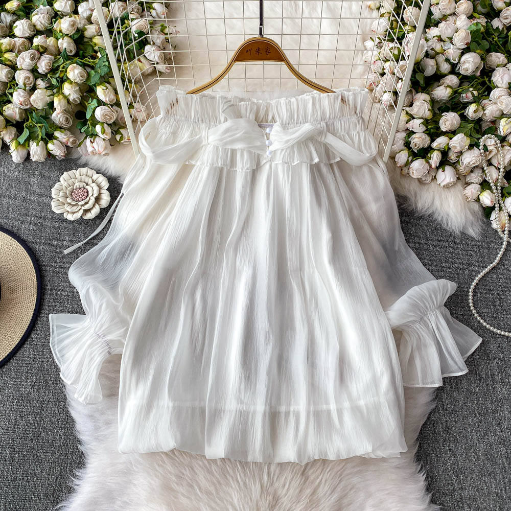 Off Shoulder Sweet Chiffon Top Long Sleeve Elastic French Style Solid Women Vacation Ruffles Loose Dresses