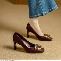 Basic Shallow Square Toe Women Pumps High Quality PU Leather Matte Thick Heel Office Shoes Woman Maroon 7CM High Heels