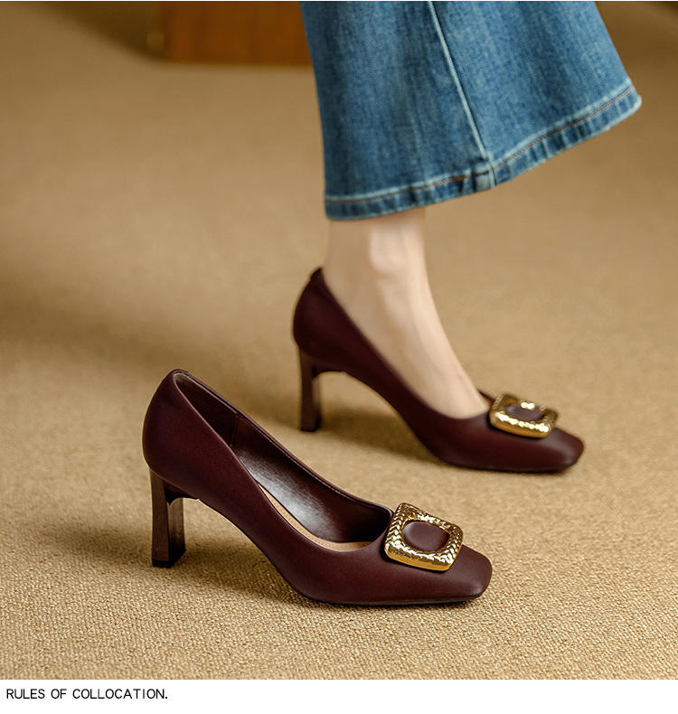 Basic Shallow Square Toe Women Pumps High Quality PU Leather Matte Thick Heel Office Shoes Woman Maroon 7CM High Heels