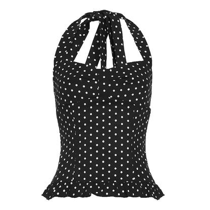 Polka Dot Print Tops Women Halter Low-Neck Bandage Ruffles Backless Sleeveless Skinny Fashion Street Versatile Vest