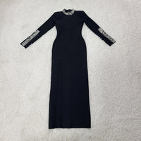 Women Elegant Solid High Slit Party Dress Temperament Long Sleeve Slim Evening Gala Dress Turtleneck Rhinestone Banquet Dresses