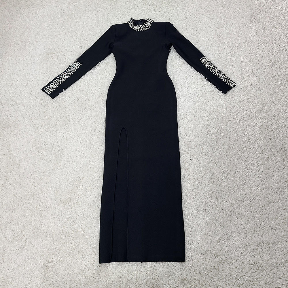 Women Elegant Solid High Slit Party Dress Temperament Long Sleeve Slim Evening Gala Dress Turtleneck Rhinestone Banquet Dresses
