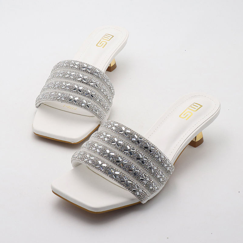 Low Heel Slippers Elegant Lady Square Toe Sandals Luxury Rhinestone High Heels Mules  Slip-on Women Shoes - Natalia Home Fashion