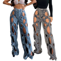 Women Vintage Cutout Hollow Out Criss Cross Straight Denim Fashion  High Waist Wide Leg Jeans Trousers Natalia Home Fashion    Natalia Home Fashion