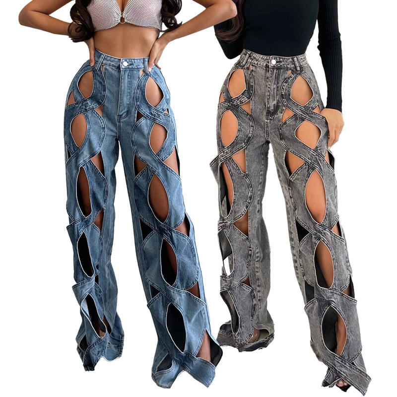 Women Vintage Cutout Hollow Out Criss Cross Straight Denim Fashion  High Waist Wide Leg Jeans Trousers Natalia Home Fashion    Natalia Home Fashion