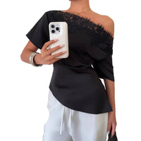 Elegant temperament women's top with lace splicing, sloping collar, waist cinching, solid color, irregular short sleeved top Natalia Home Fashion    Natalia Home Fashion