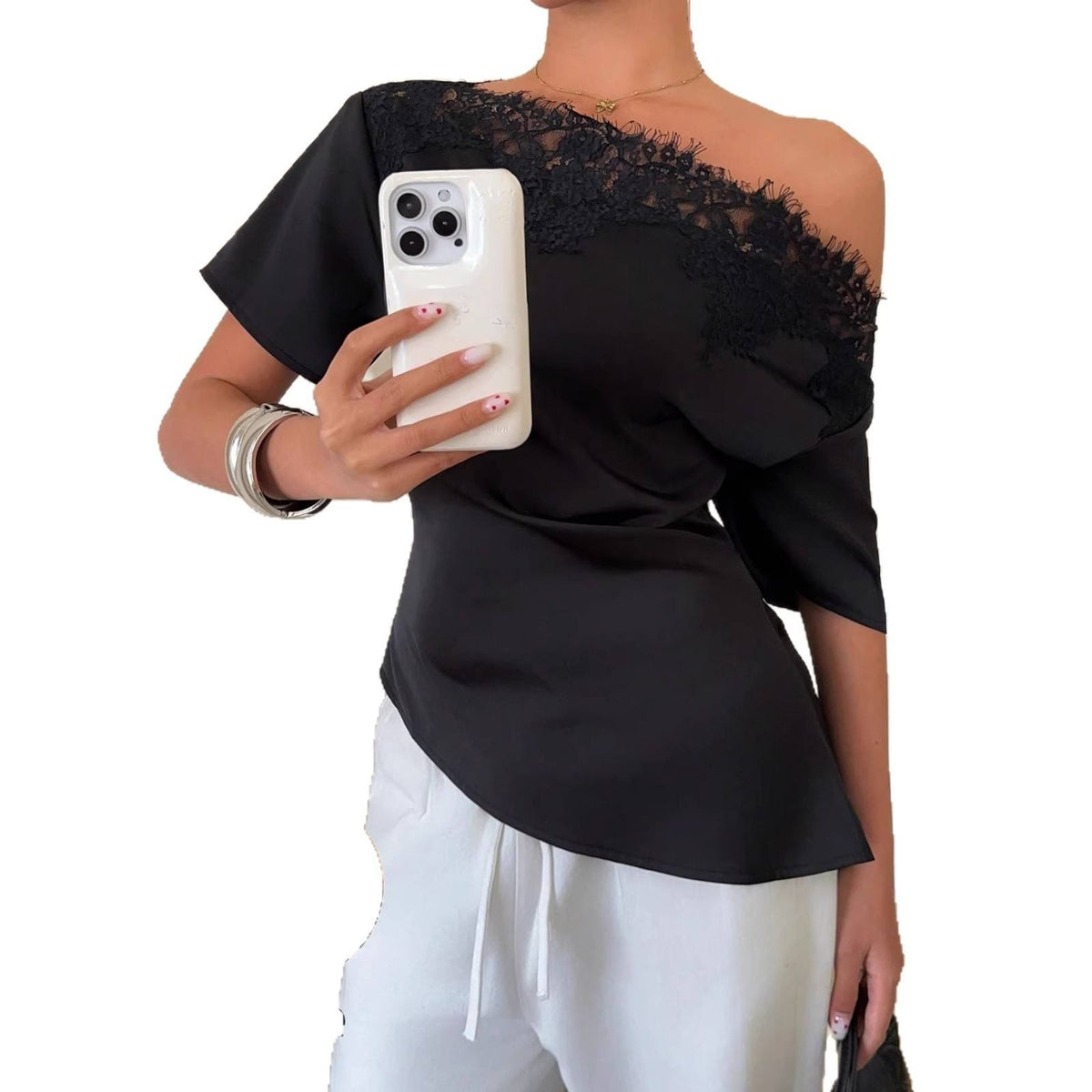 Elegant temperament women's top with lace splicing, sloping collar, waist cinching, solid color, irregular short sleeved top Natalia Home Fashion    Natalia Home Fashion