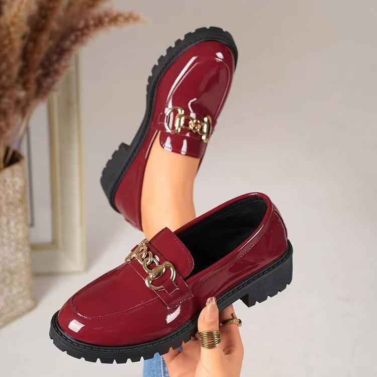 Women's Mary Jane Platform Shoes Round  Head Spring New Metal Chain Casual Soft Patent Leather Slip on Loafers