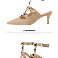 Female Rivets T-strap Sandals Pointy Toe Soft Leather Sexy Women Shoes Comfort 6CM High Heels Ladies Work Dress Shoe