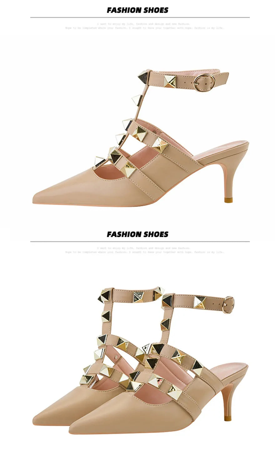 Female Rivets T-strap Sandals Pointy Toe Soft Leather Sexy Women Shoes Comfort 6CM High Heels Ladies Work Dress Shoe