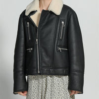 Turn Down Collar Genuine Sheepskin Real Leather Coat Zipper Winter Women Soft Shearling Fur Jacket Natalia Home Fashion    Natalia Home Fashion
