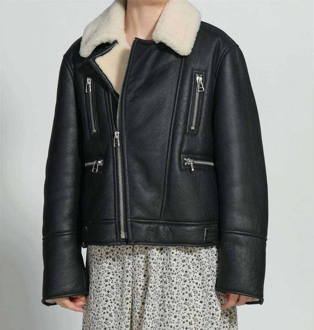 Turn Down Collar Genuine Sheepskin Real Leather Coat Zipper Winter Women Soft Shearling Fur Jacket Natalia Home Fashion    Natalia Home Fashion
